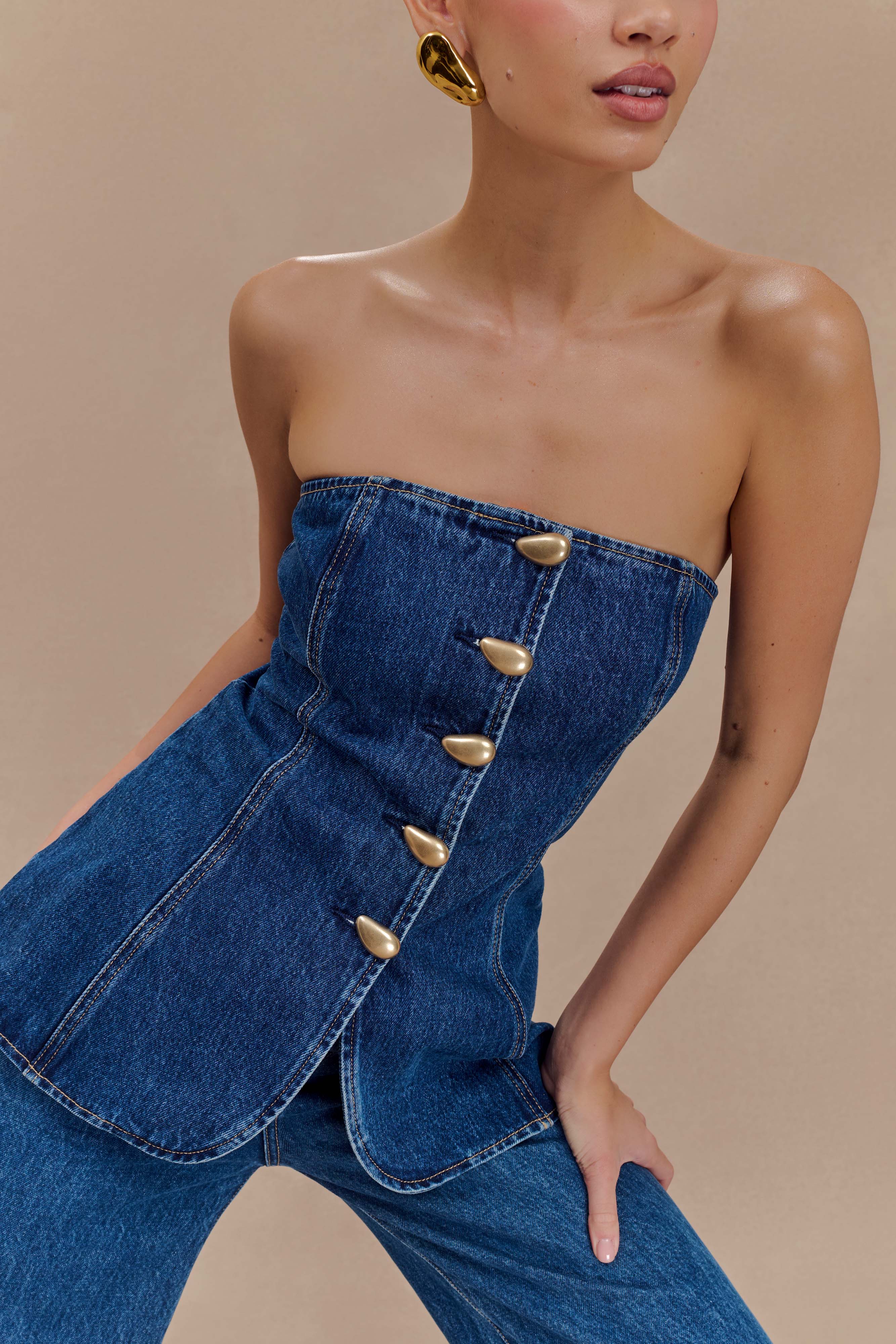 Strapless Long Line Button Top