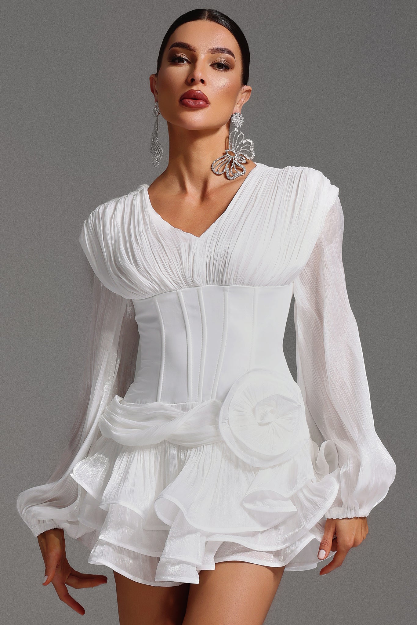 CHICIME | Long Sleeve V-Neck Flowers Flounce Mini Dress