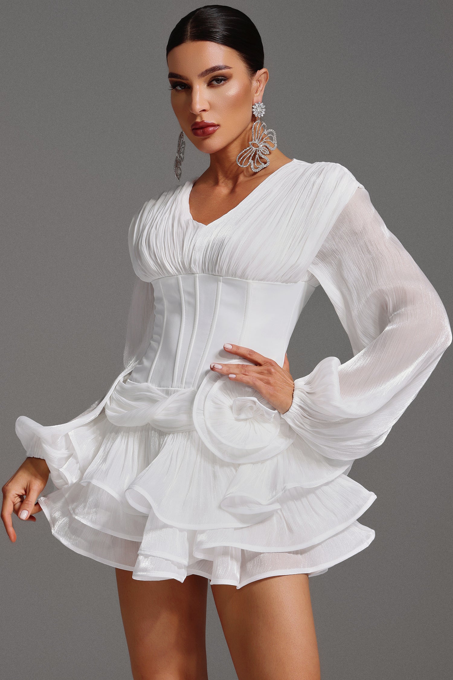 CHICIME | Long Sleeve V-Neck Flowers Flounce Mini Dress
