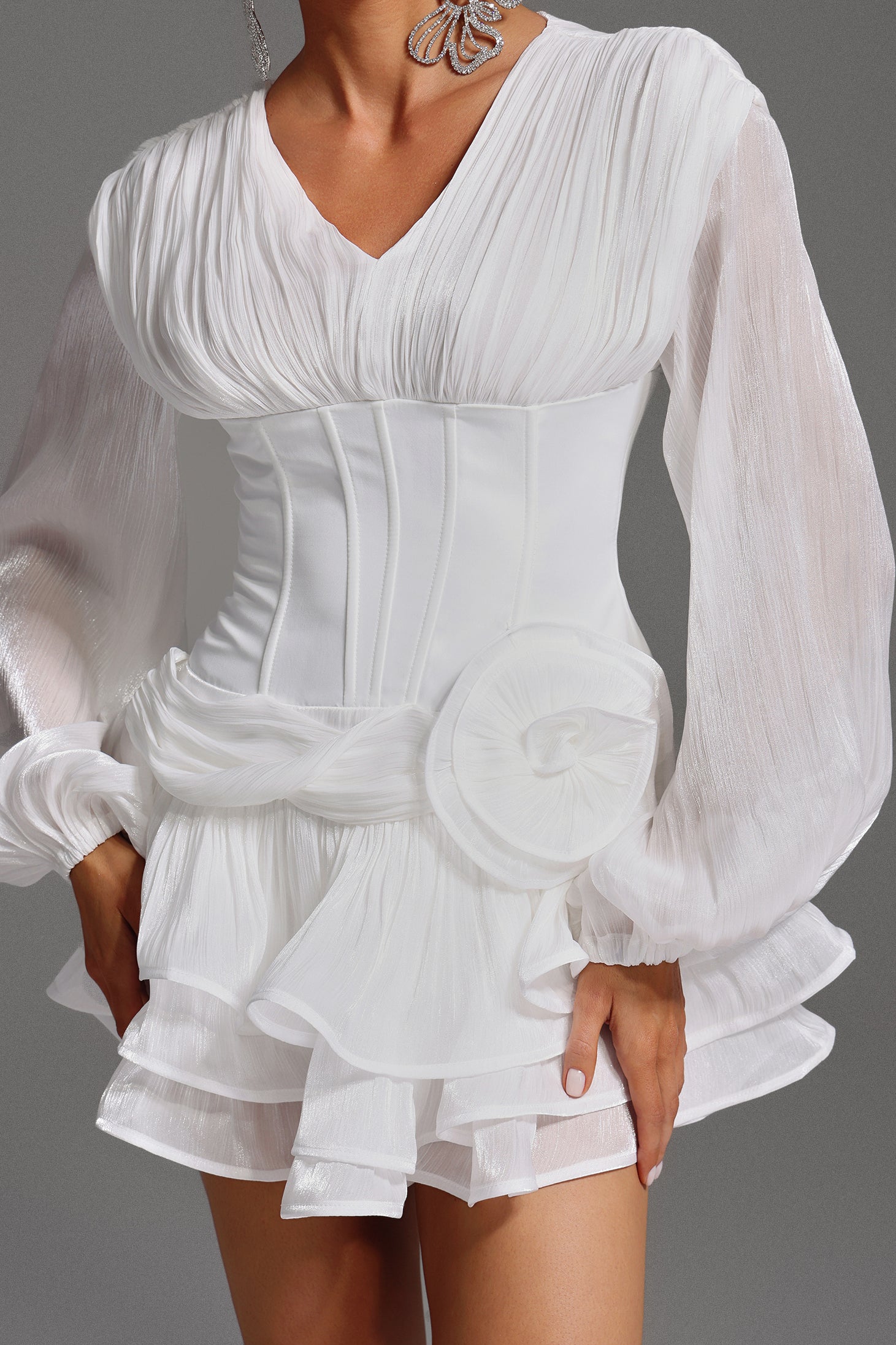 CHICIME | Long Sleeve V-Neck Flowers Flounce Mini Dress