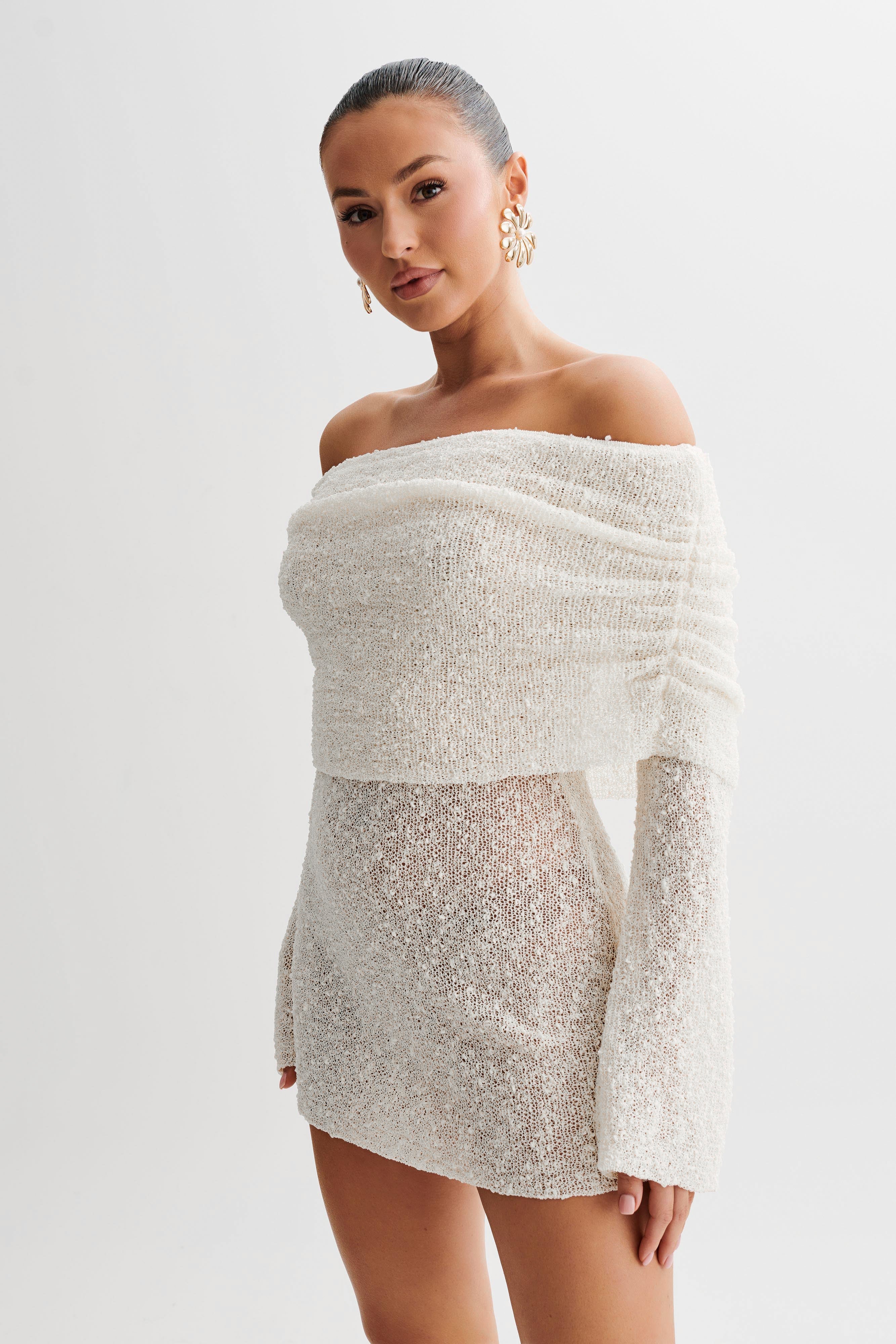 MERLYN OFF SHOULDER BOUNCLE MINI DRESS