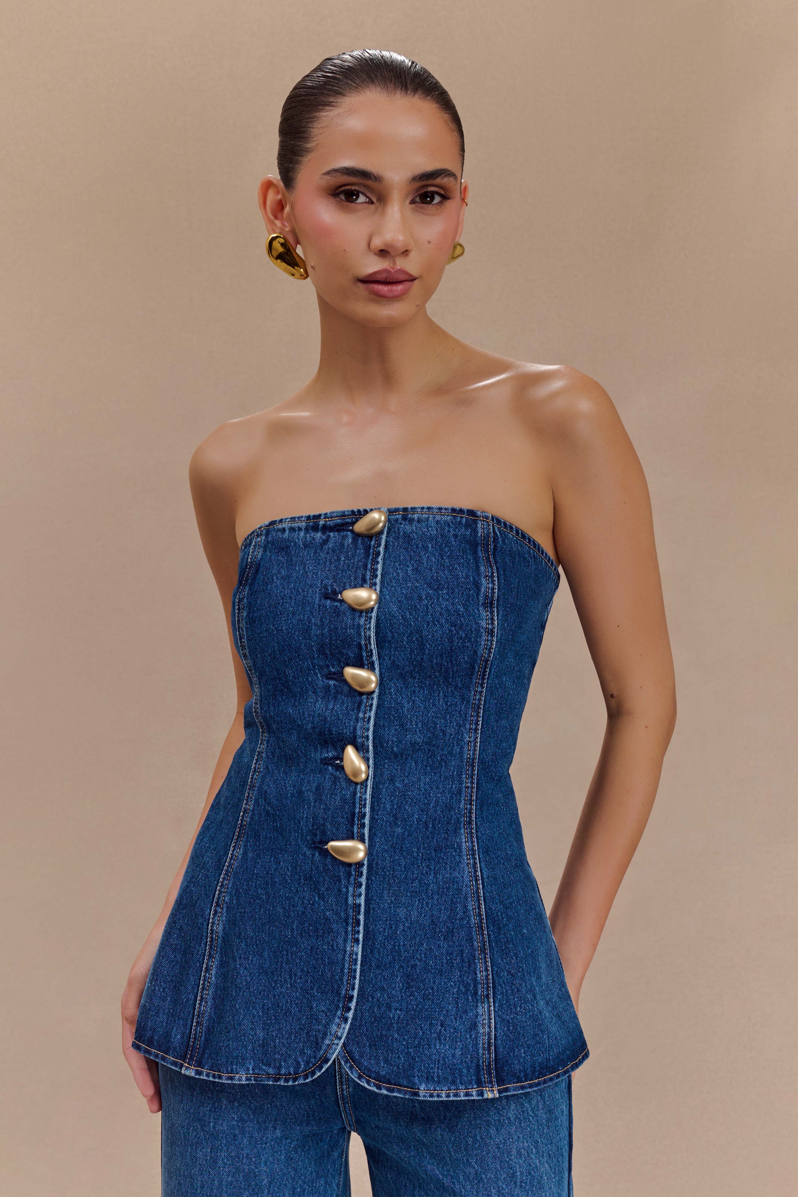 Strapless Long Line Button Top