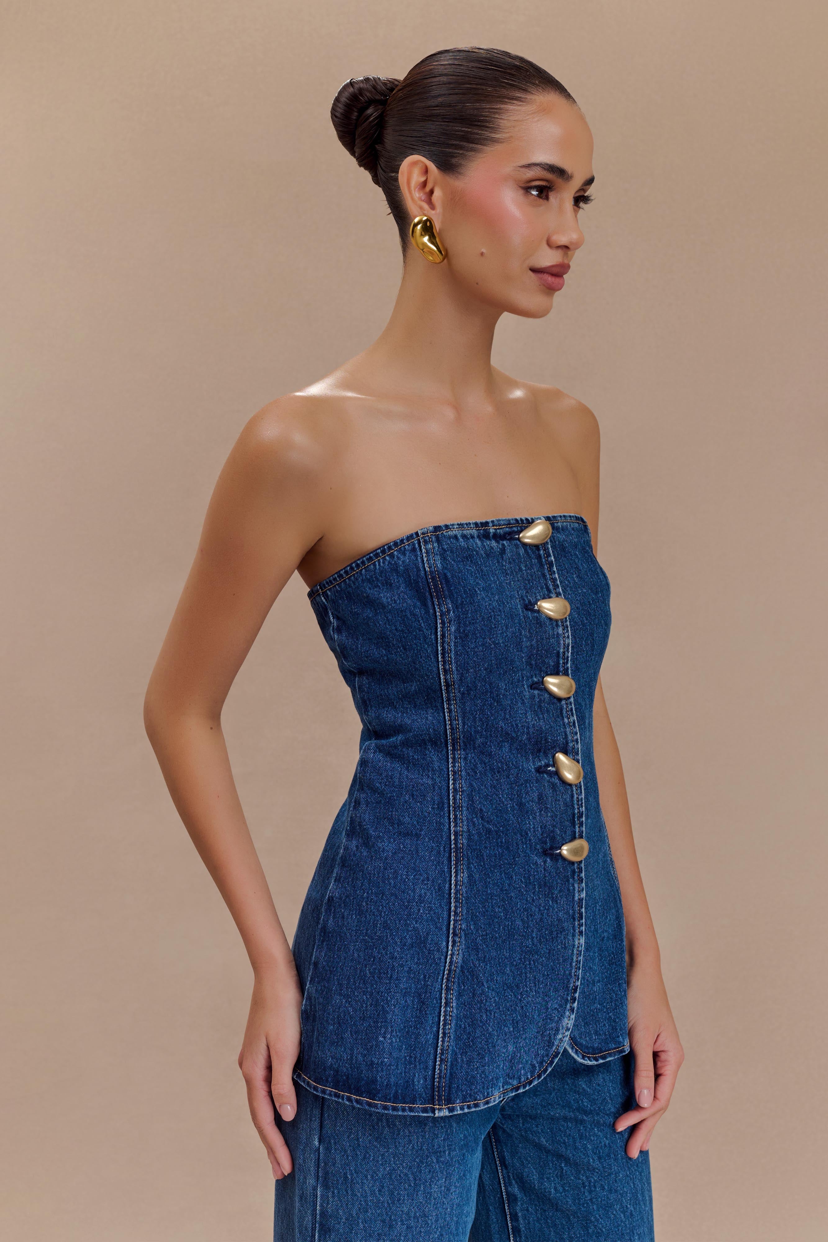 Strapless Long Line Button Top